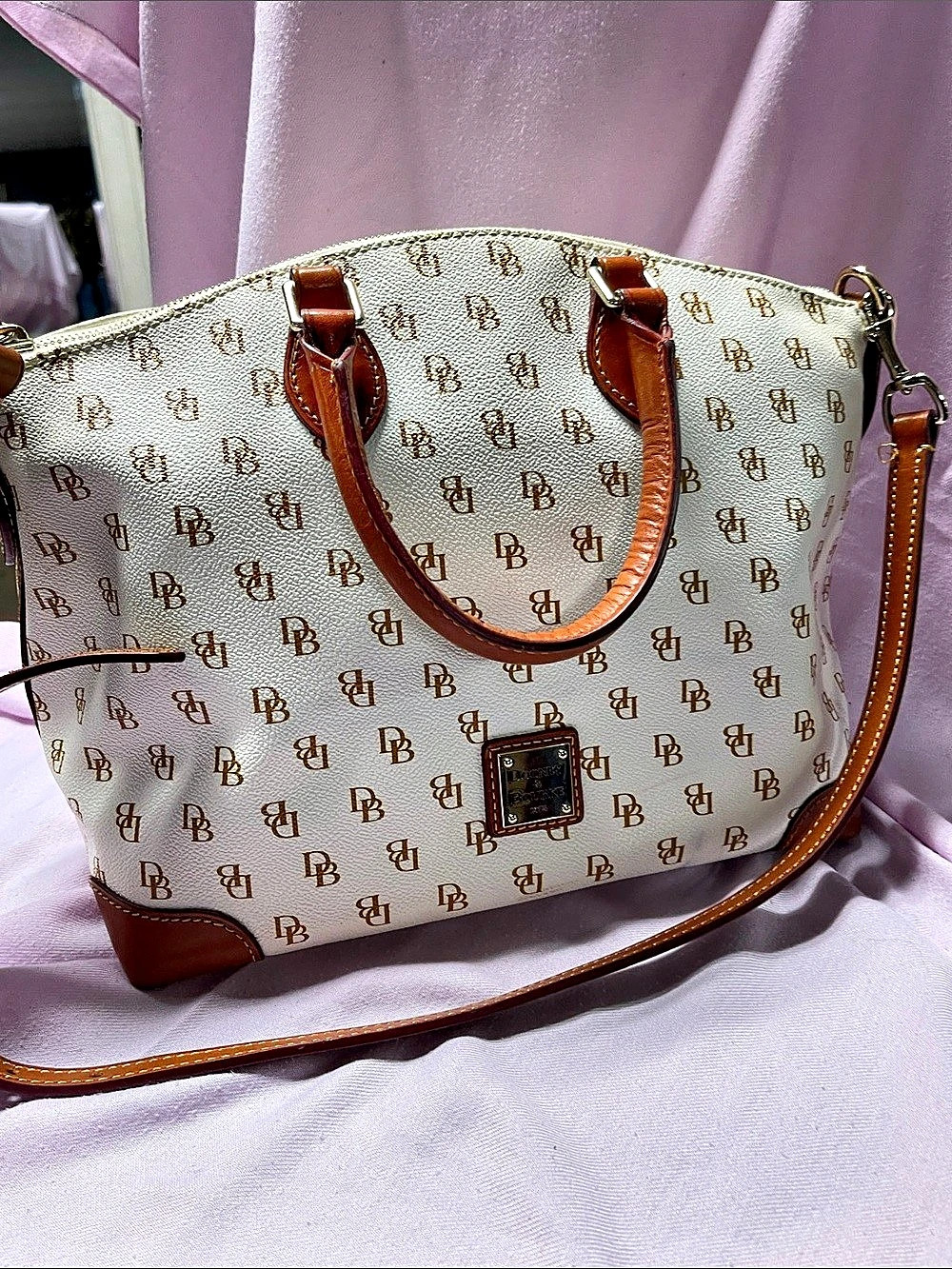 Dooney & Bourke DB 75 Monogram Domed Satchel White & Brown